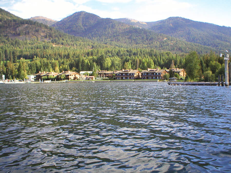 A peaceful view of the lake at VRI's Pend Oreille Shores Resort in Hope, Idaho.